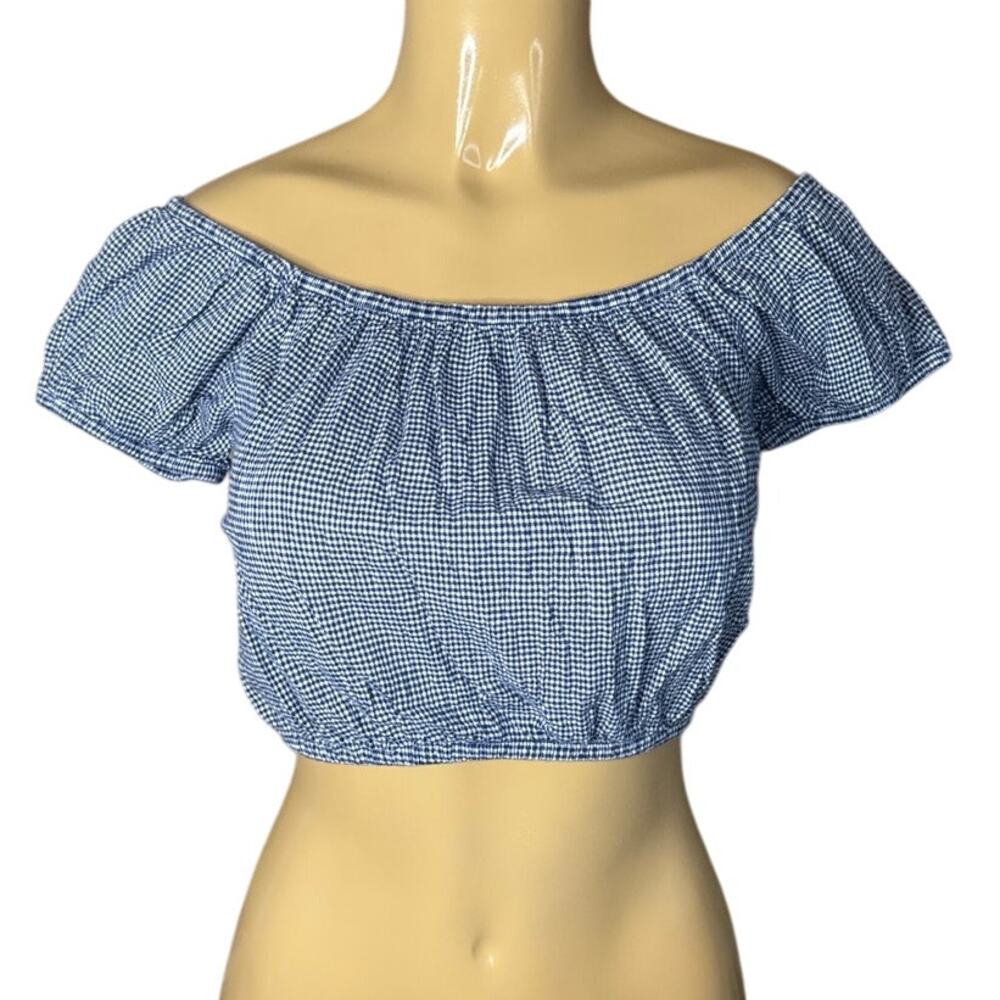 American Eagle Off The Shoulder Crop Top Navy Blue White Gingham SZ Small